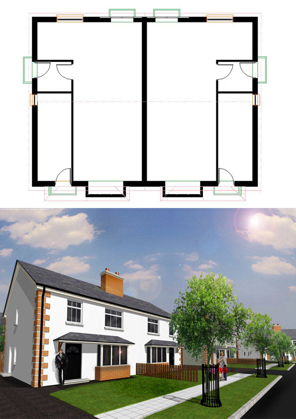 Visualisation of a housing development which was generated from plans